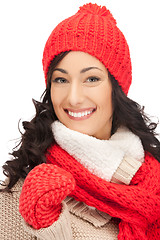 Image showing beautiful woman in hat, muffler and mittens