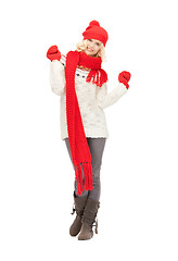 Image showing beautiful woman in hat, muffler and mittens