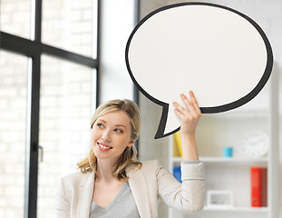 Image showing smiling businesswoman with blank text bubble