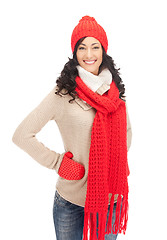 Image showing beautiful woman in hat, muffler and mittens