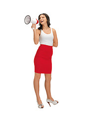 Image showing woman in blank white t-shirt with megaphone