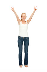 Image showing girl in blank white t-shirt showing victory sign