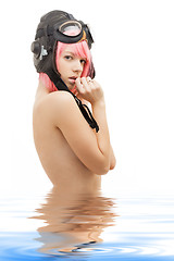 Image showing topless pink hair girl in aviator helmet