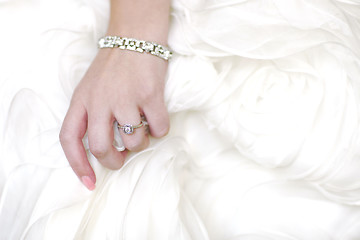 Image showing Ring of Bride Against Her Dress With Copy Space