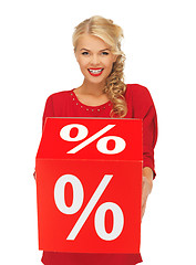 Image showing lovely woman in red dress with percent sign