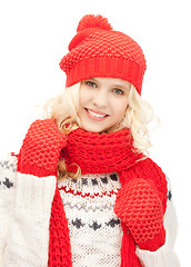 Image showing beautiful woman in hat, muffler and mittens