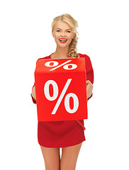 Image showing lovely woman in red dress with percent sign