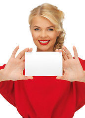 Image showing lovely woman in red dress with note card