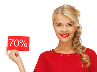 Image showing lovely woman in red dress with discount card