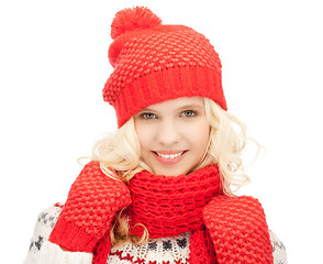 Image showing beautiful woman in hat, muffler and mittens