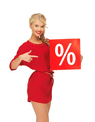 Image showing lovely woman in red dress with percent sign