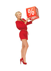 Image showing lovely woman in red dress with percent sign