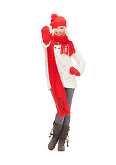 Image showing beautiful woman in hat, muffler and mittens