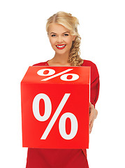 Image showing lovely woman in red dress with percent sign