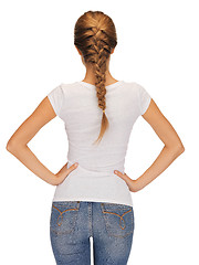 Image showing rear view of woman in blank white t-shirt