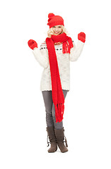 Image showing beautiful woman in hat, muffler and mittens