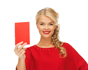 Image showing lovely woman in red dress with note card