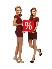 Image showing two teenage girls in red dresses with percent sign