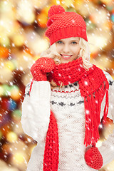 Image showing beautiful woman in hat, muffler and mittens