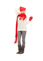 Image showing beautiful woman in hat, muffler and mittens