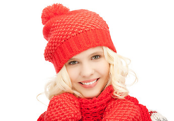 Image showing beautiful woman in hat, muffler and mittens