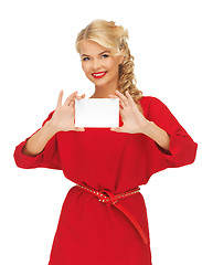 Image showing lovely woman in red dress with note card