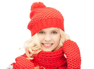 Image showing beautiful woman in hat, muffler and mittens