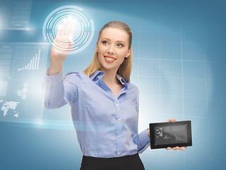 Image showing woman working with virtual tablet pc