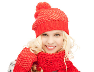 Image showing beautiful woman in hat, muffler and mittens