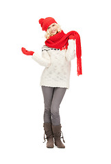 Image showing beautiful woman in hat, muffler and mittens