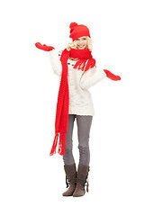 Image showing beautiful woman in hat, muffler and mittens