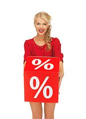 Image showing lovely woman in red dress with percent sign