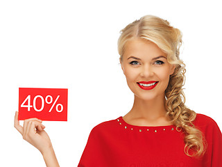 Image showing lovely woman in red dress with discount card