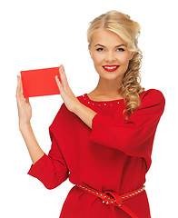 Image showing lovely woman in red dress with note card