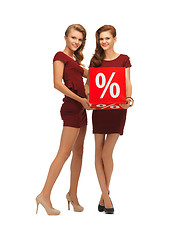 Image showing two teenage girls in red dresses with percent sign