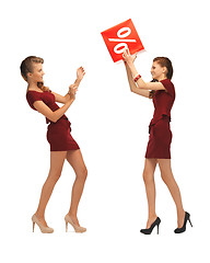 Image showing two teenage girls in red dresses with percent sign