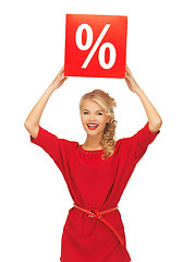 Image showing lovely woman in red dress with percent sign