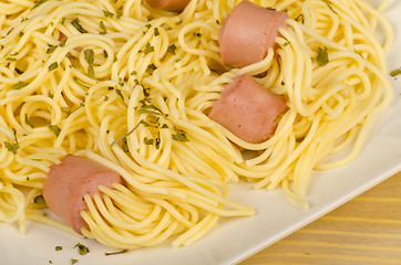 Image showing Spaghetti with sausages