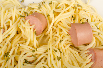 Image showing Spaghetti with sausages