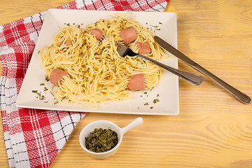Image showing Spaghetti with sausages