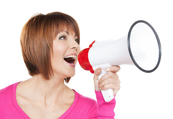 Image showing happy woman with megaphone