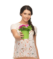 Image showing lovely housewife with flower in pot