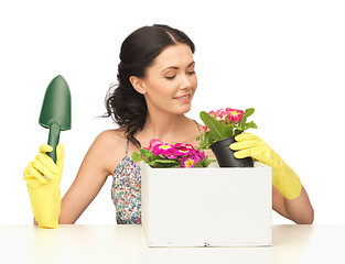 Image showing housewife with flower in pot and gardening set