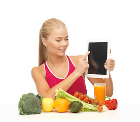 Image showing woman with fruits, vegetables and tablet pc