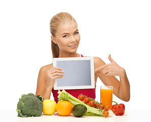 Image showing woman with fruits, vegetables and tablet pc