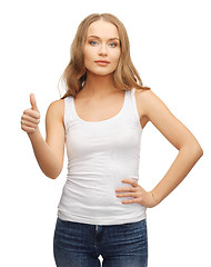 Image showing woman in blank white t-shirt with thumbs up