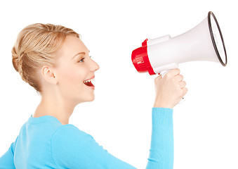 Image showing happy woman with megaphone