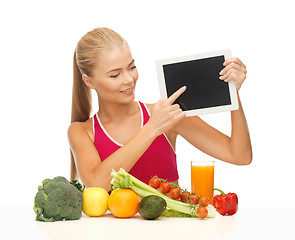 Image showing woman with fruits, vegetables and tablet pc