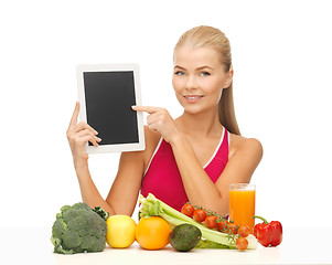 Image showing woman with fruits, vegetables and tablet pc