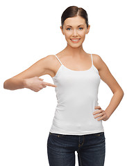 Image showing calm and serious woman in blank white t-shirt